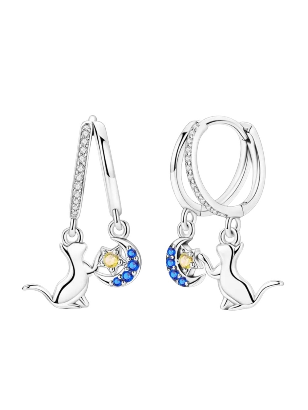 925 Cat & Moon Dangle Hoop Earrings Blue Crystal Celestial